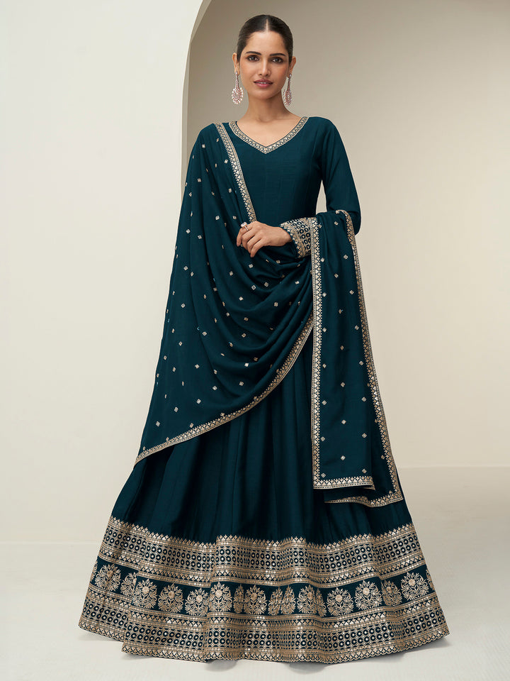 Blue Art Silk Embroidered Long Anarkali Gown With Dupatta