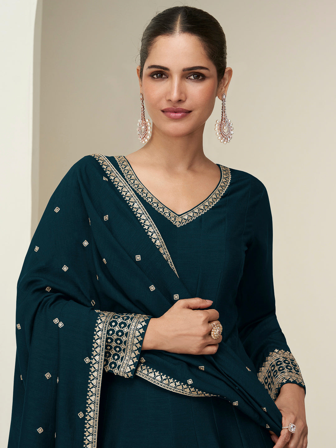 Blue Art Silk Embroidered Long Anarkali Gown With Dupatta