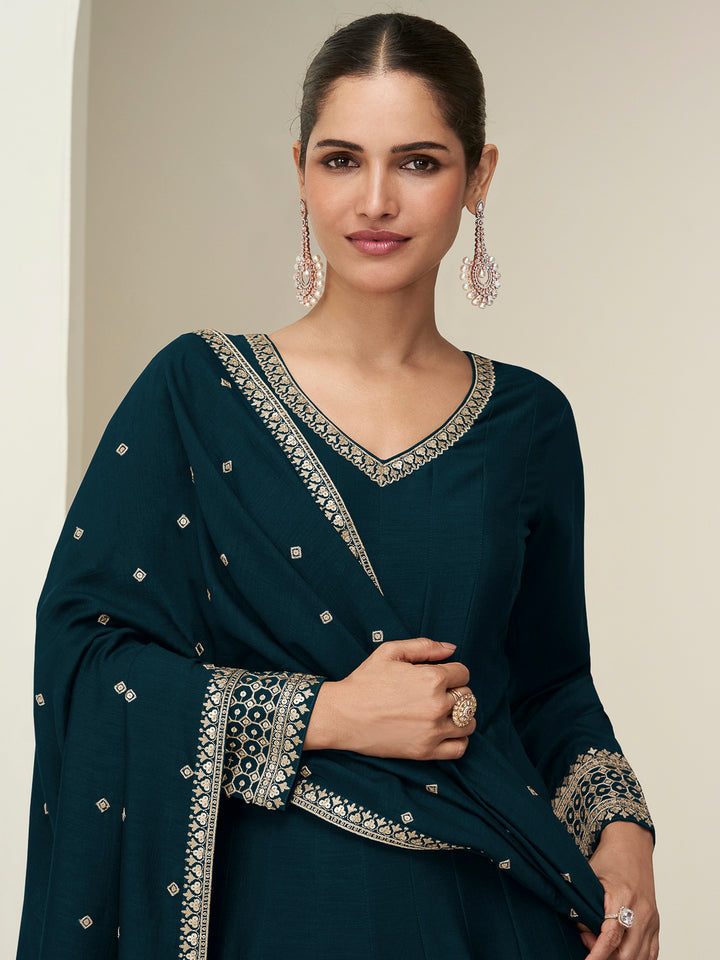 Blue Art Silk Embroidered Long Anarkali Gown With Dupatta