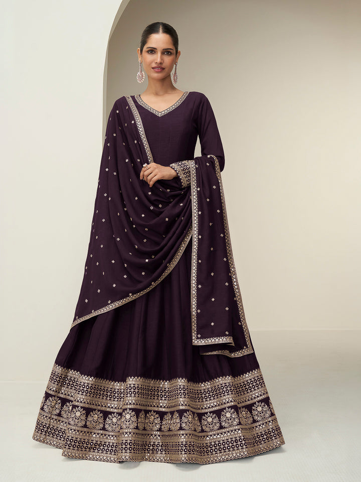 Wine Art Silk Embroidered Long Anarkali Gown With Dupatta