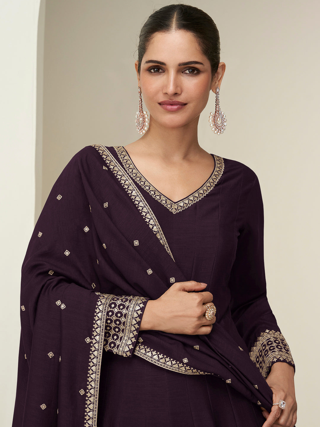 Wine Art Silk Embroidered Long Anarkali Gown With Dupatta