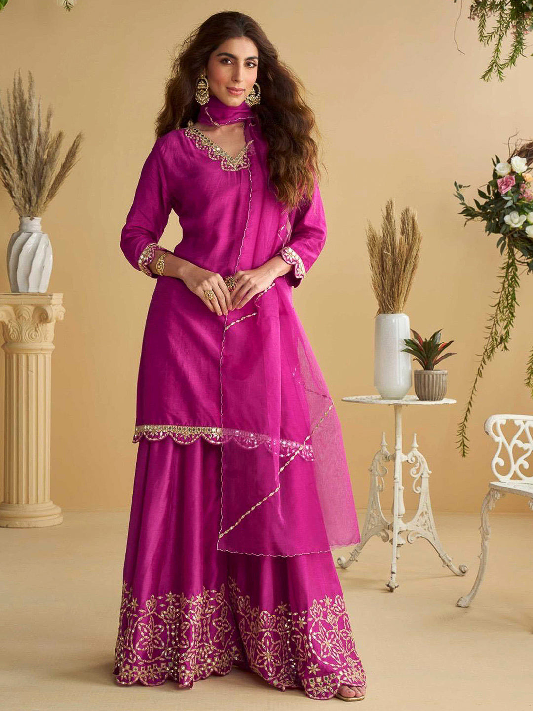 Rani-Pink Art Silk Embroidered Kurta With Palazzo &amp; Dupatta