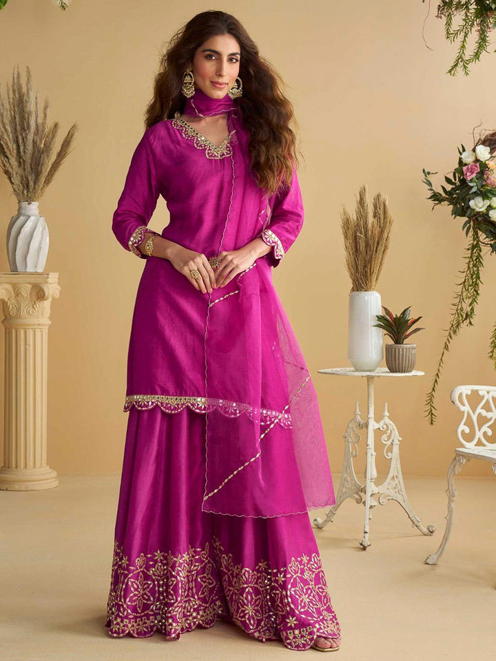 Rani-Pink Art Silk Embroidered Kurta With Palazzo &amp; Dupatta
