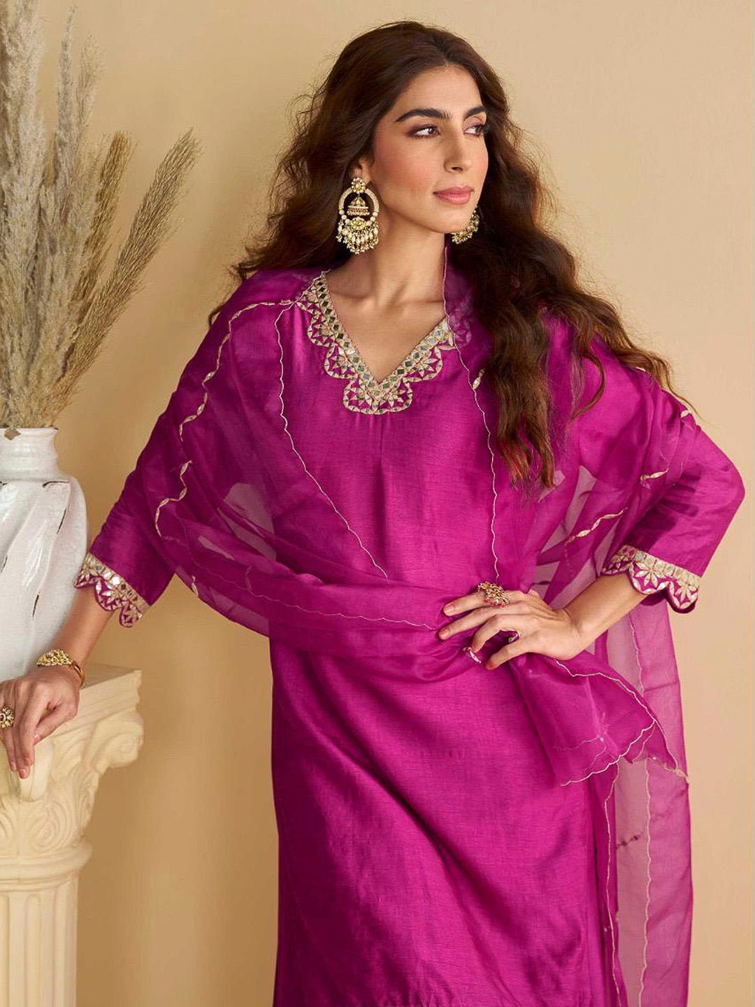 Rani-Pink Art Silk Embroidered Kurta With Palazzo &amp; Dupatta