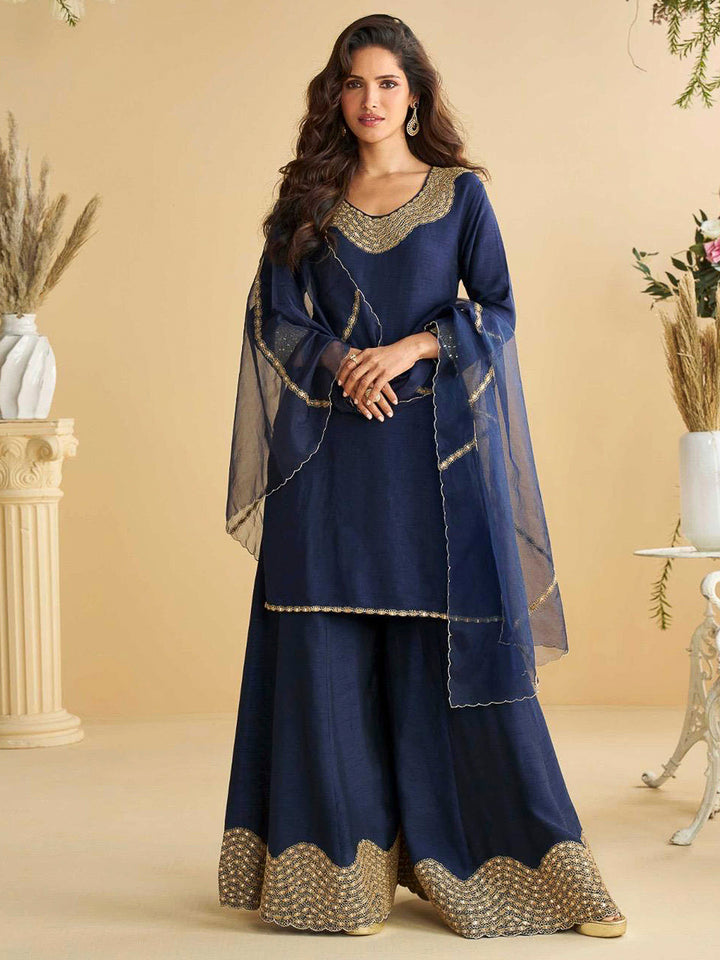 Navy Blue Art Silk Embroidered Kurta With Palazzo &amp; Dupatta