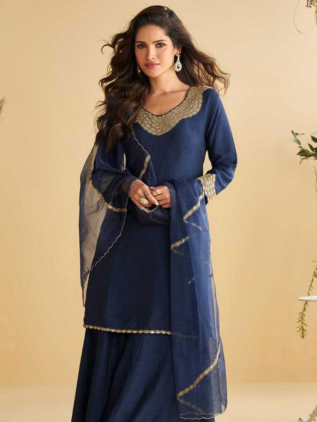 Navy Blue Art Silk Embroidered Kurta With Palazzo &amp; Dupatta
