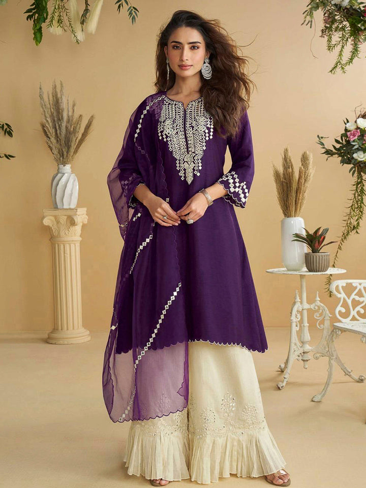 Purple Art Silk Embroidered Kurta With Palazzo &amp; Dupatta