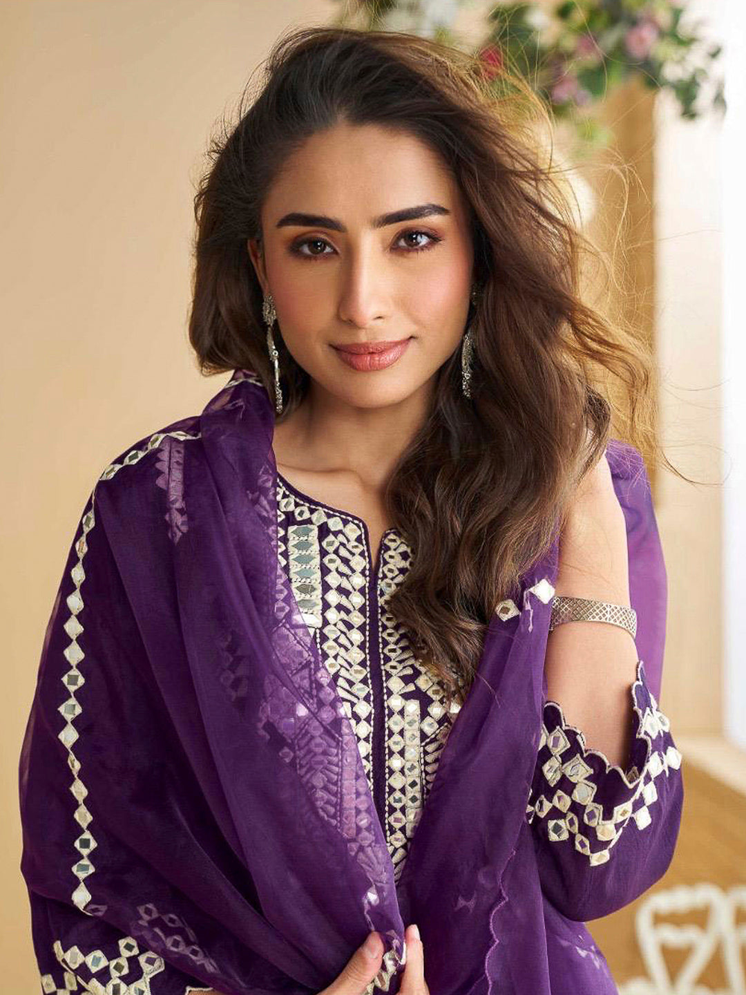 Purple Art Silk Embroidered Kurta With Palazzo &amp; Dupatta