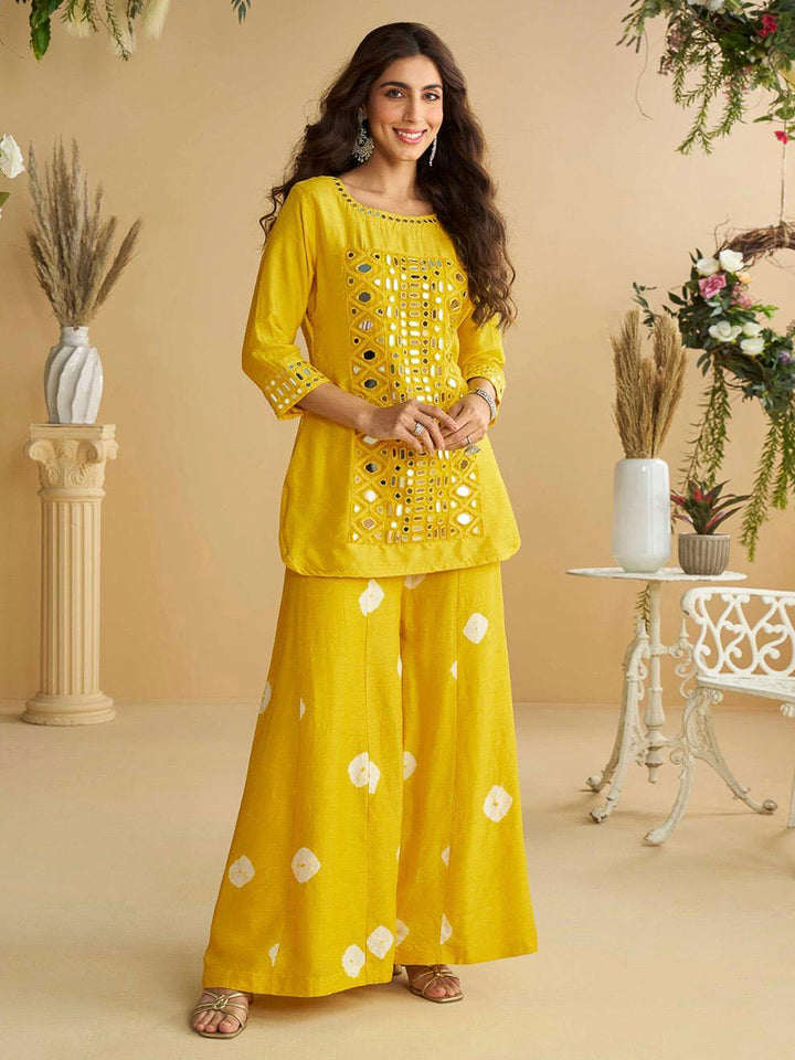 Mustard Art Silk Embroidered Kurta With Palazzo &amp; Dupatta