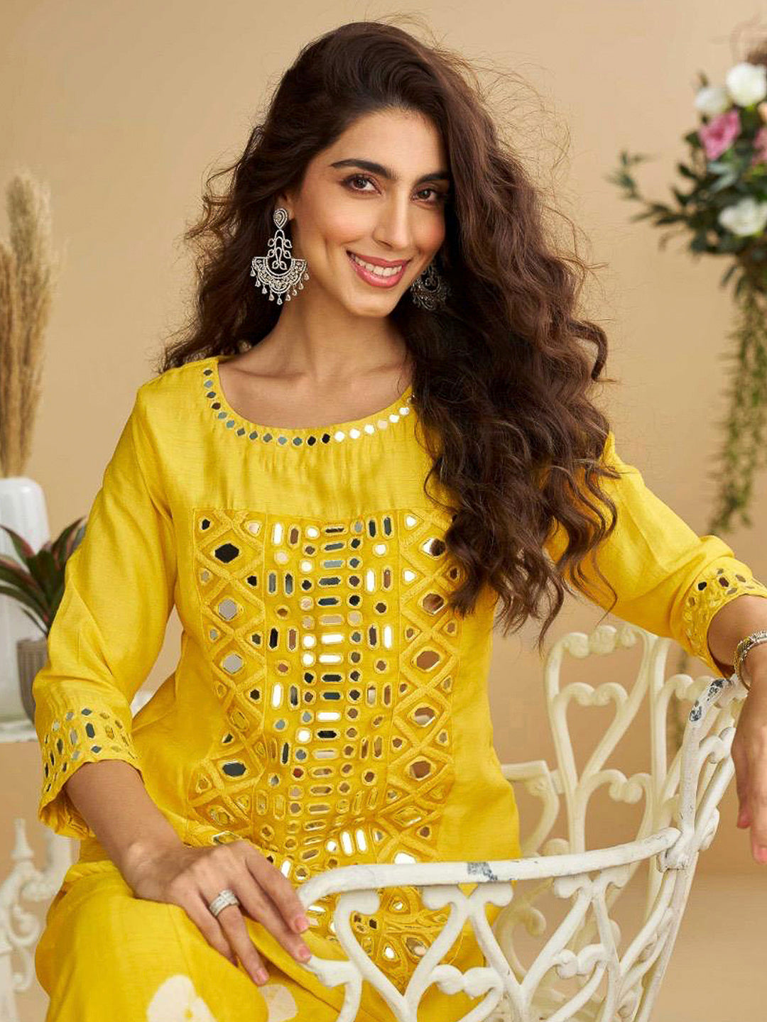 Mustard Art Silk Embroidered Kurta With Palazzo &amp; Dupatta
