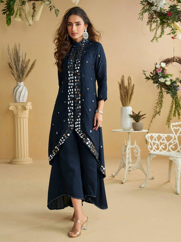 Navy Blue Art Silk Embroidered Kurta With Palazzo &amp; Dupatta