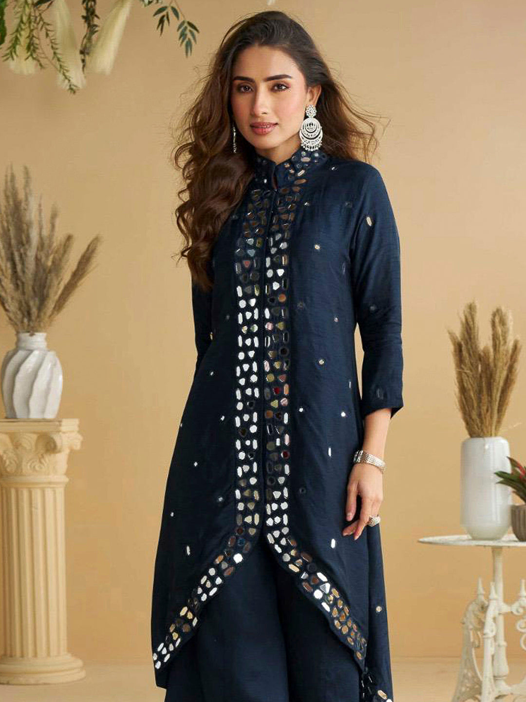 Navy Blue Art Silk Embroidered Kurta With Palazzo &amp; Dupatta