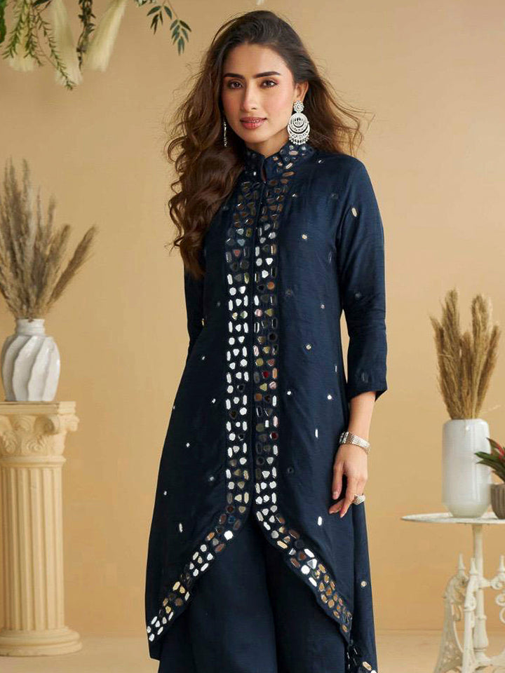 Navy Blue Art Silk Embroidered Kurta With Palazzo &amp; Dupatta