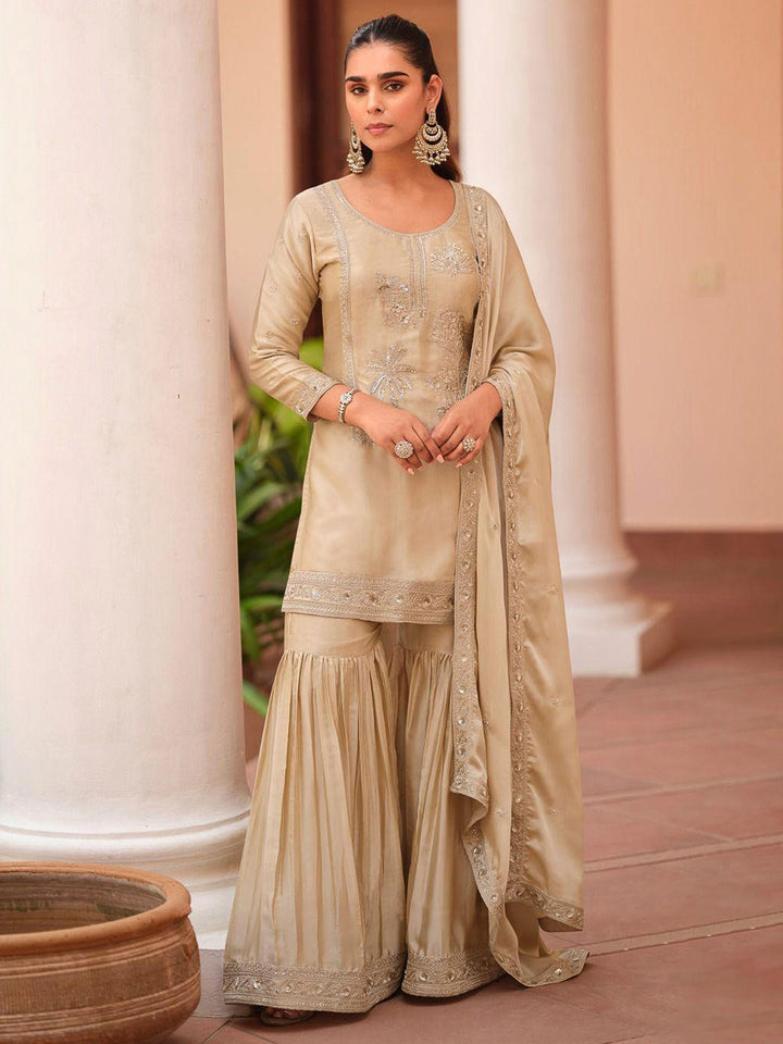 Beige Satin Embroidered Kurta With Sharara &amp; Dupatta