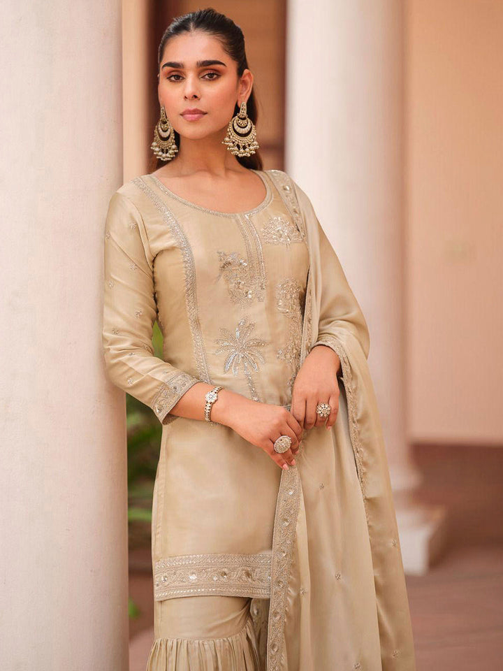 Beige Satin Embroidered Kurta With Sharara &amp; Dupatta