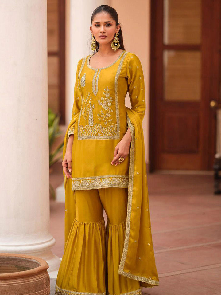 Mustard Satin Embroidered Kurta With Sharara &amp; Dupatta