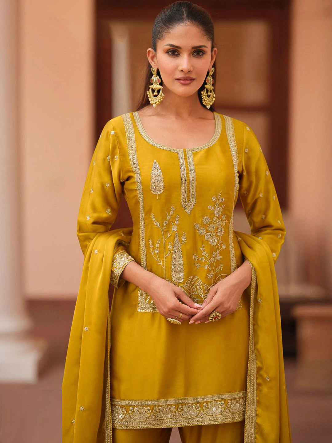 Mustard Satin Embroidered Kurta With Sharara &amp; Dupatta