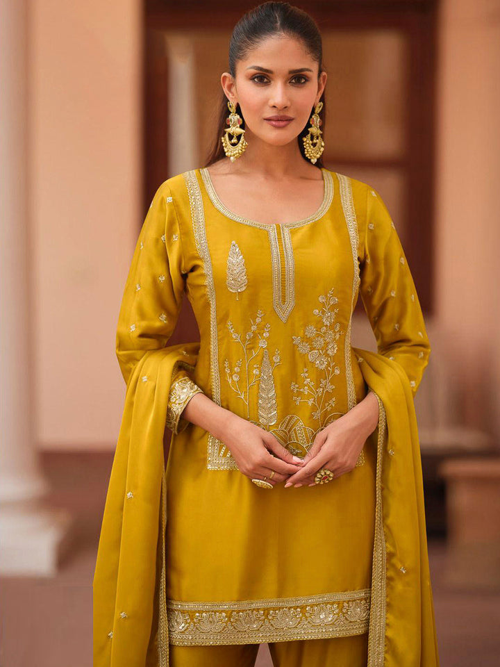 Mustard Satin Embroidered Kurta With Sharara &amp; Dupatta