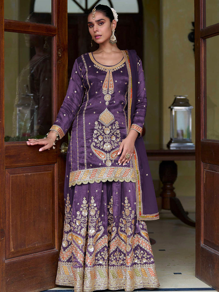 Purple Art Silk Embroidered Kurta With Sharara &amp; Dupatta