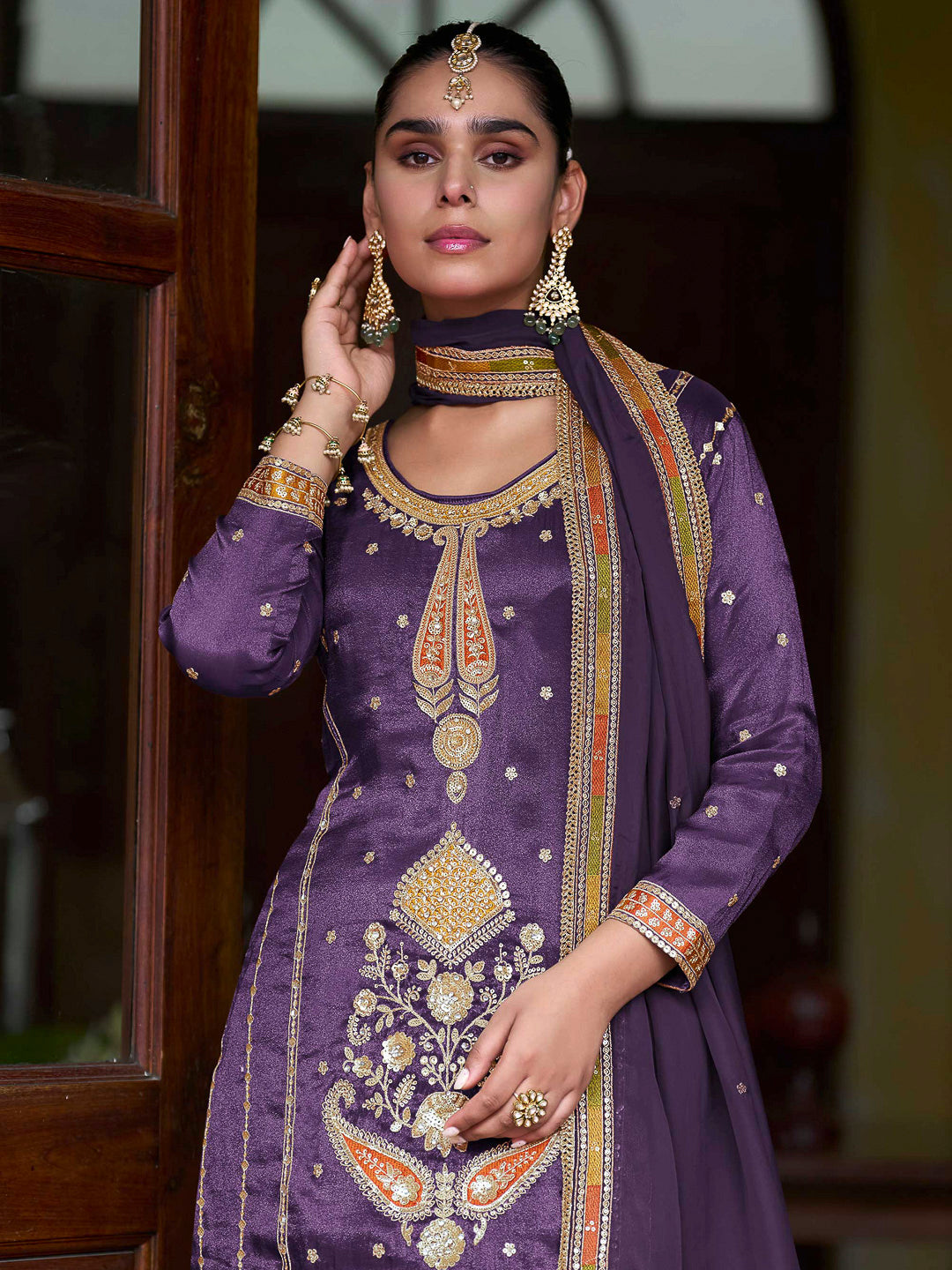 Purple Art Silk Embroidered Kurta With Sharara &amp; Dupatta