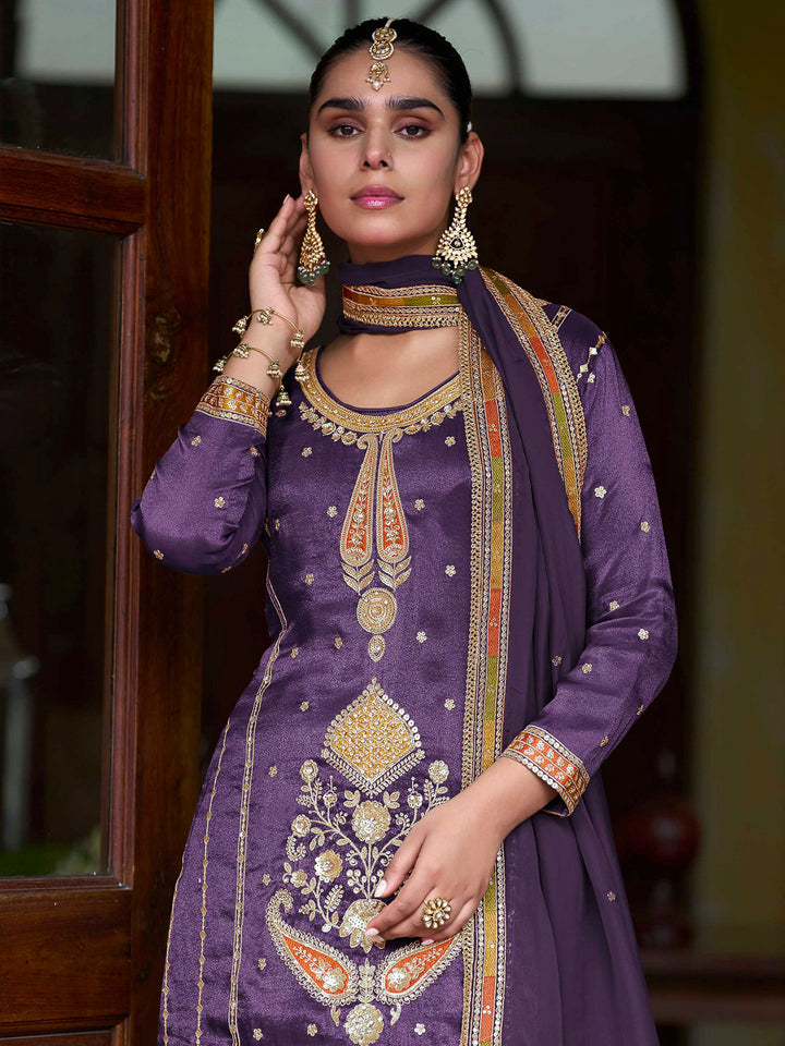 Purple Art Silk Embroidered Kurta With Sharara &amp; Dupatta