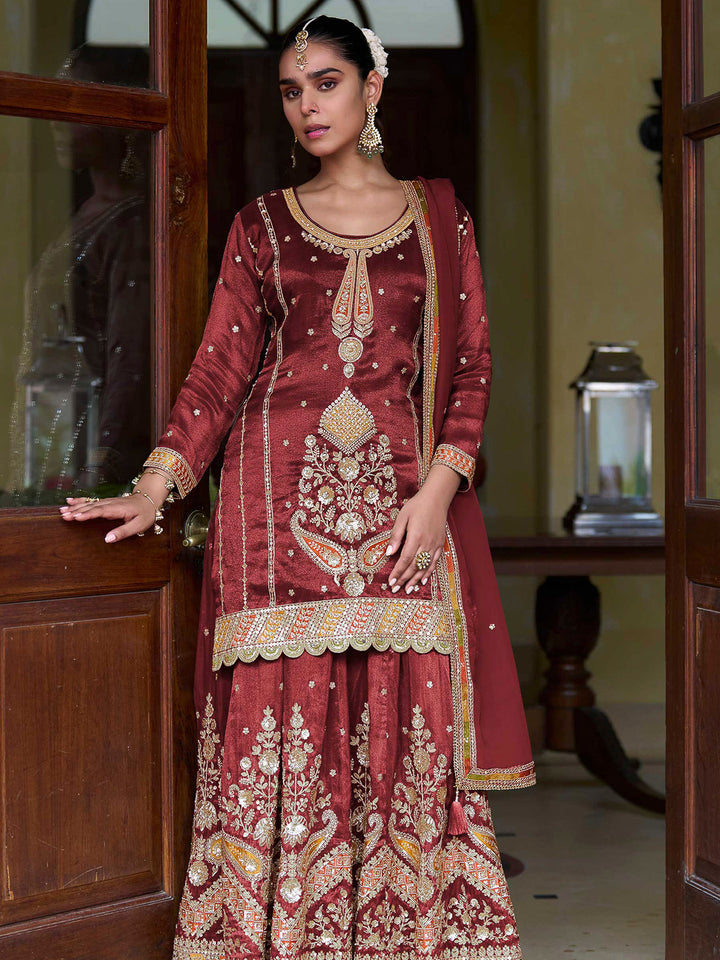 Maroon Art Silk Embroidered Kurta With Sharara &amp; Dupatta
