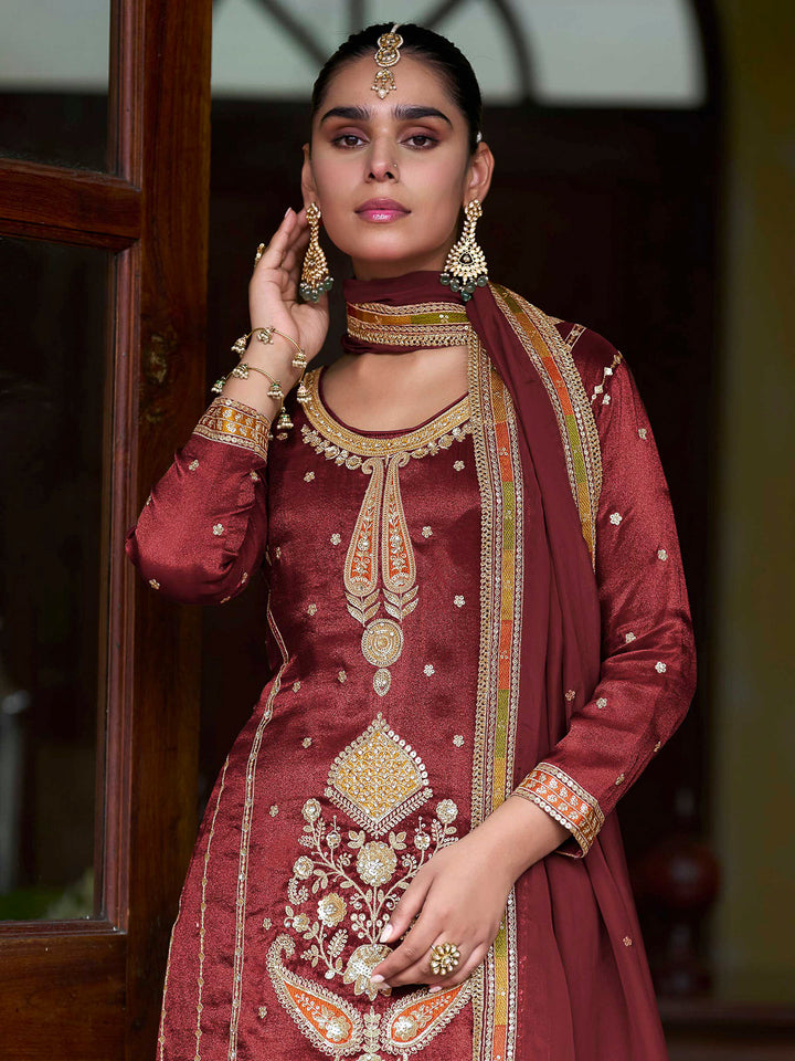Maroon Art Silk Embroidered Kurta With Sharara &amp; Dupatta