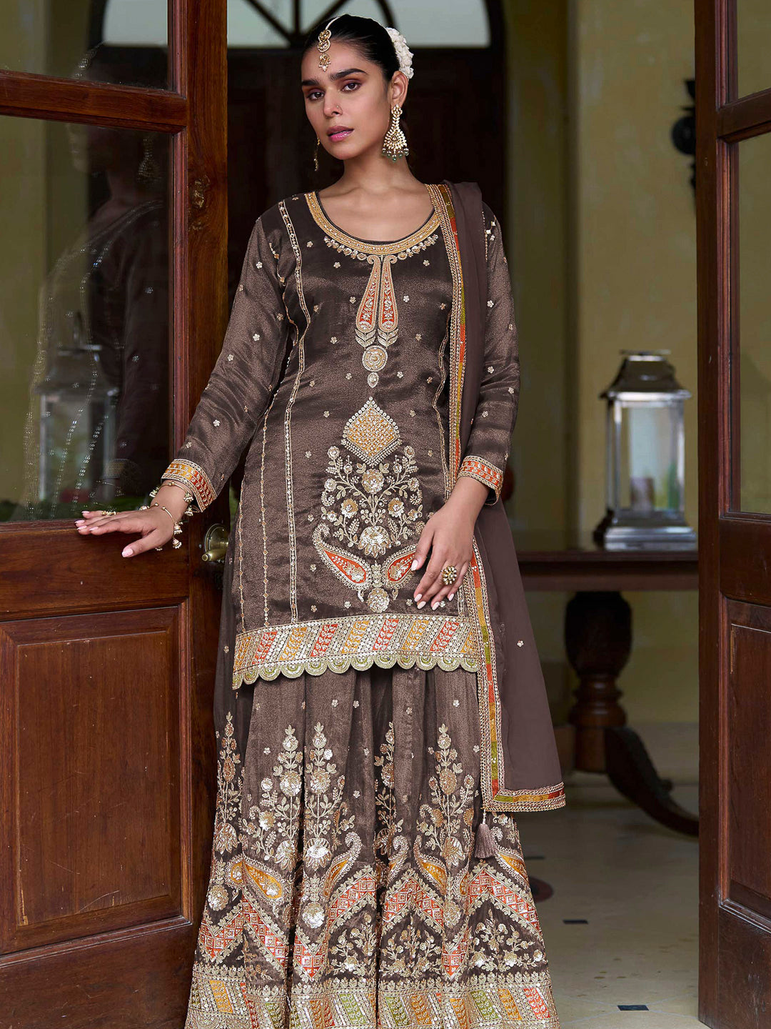 Brown Art Silk Embroidered Kurta With Sharara &amp; Dupatta