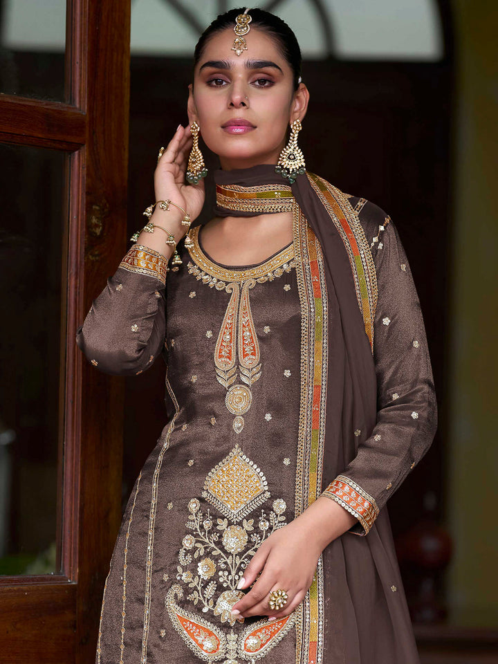 Brown Art Silk Embroidered Kurta With Sharara &amp; Dupatta