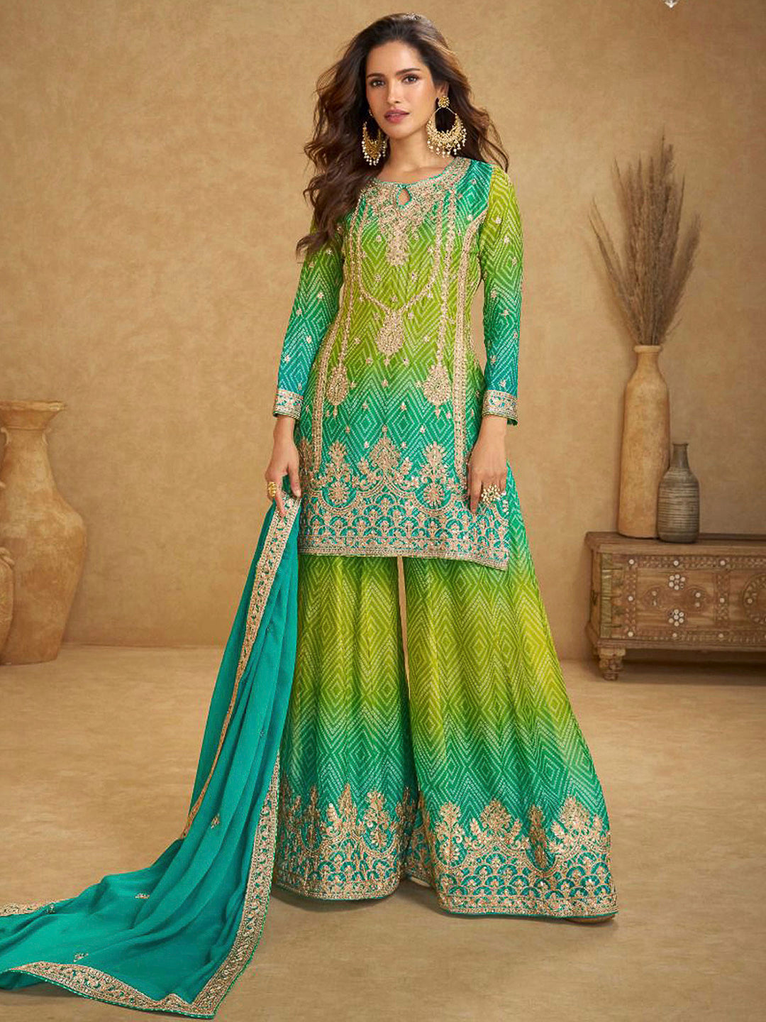 Turquoise Chinon Embroidered Short Kurti With Palazzo &amp; Dupatta