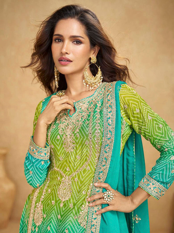 Turquoise Chinon Embroidered Short Kurti With Palazzo &amp; Dupatta