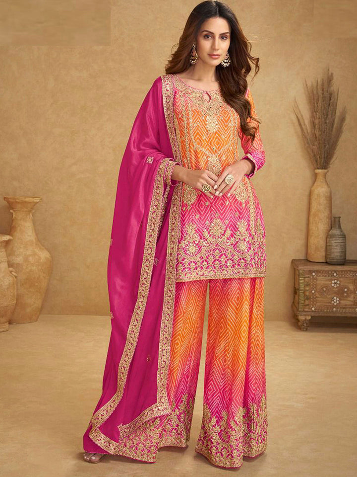 Pink Chinon Embroidered Short Kurti With Palazzo &amp; Dupatta