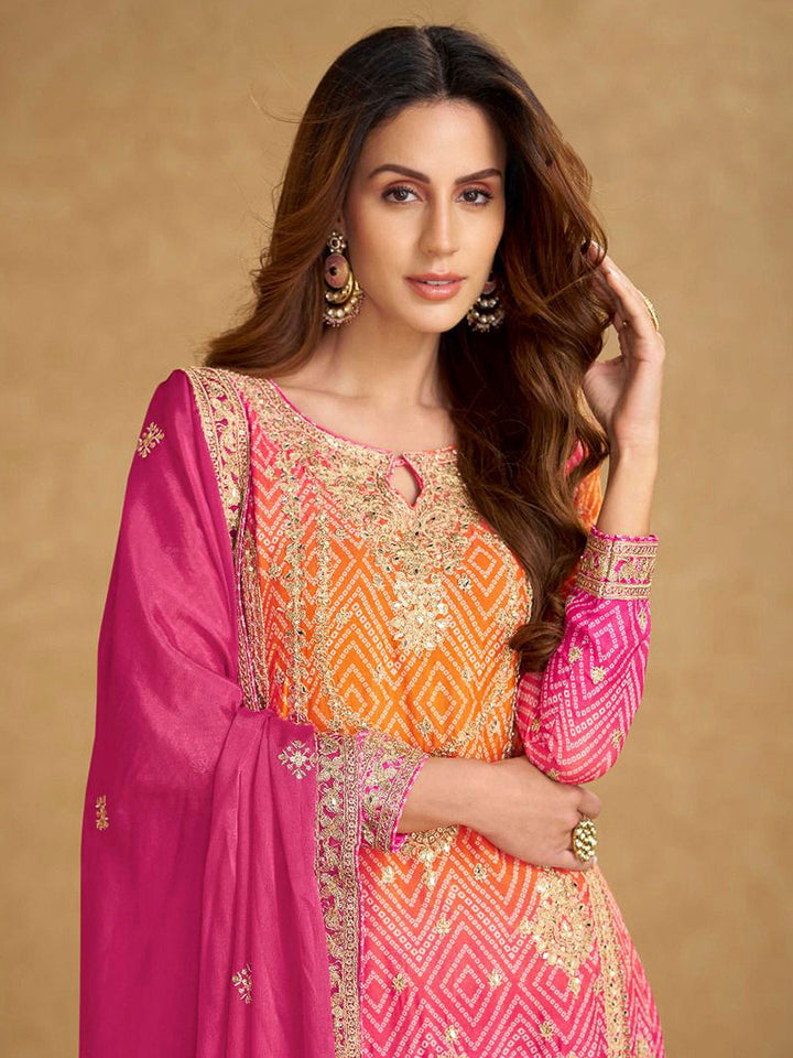 Pink Chinon Embroidered Short Kurti With Palazzo &amp; Dupatta