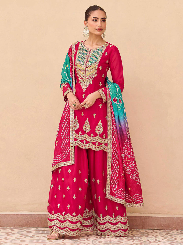 Pink Chinon Embroidered Kurta With Palazzo &amp; Dupatta