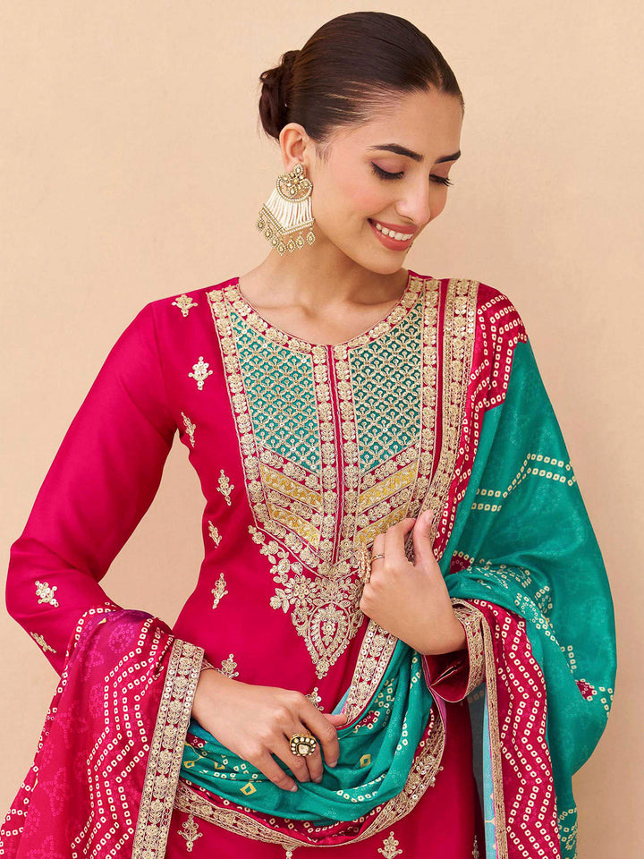 Pink Chinon Embroidered Kurta With Palazzo &amp; Dupatta