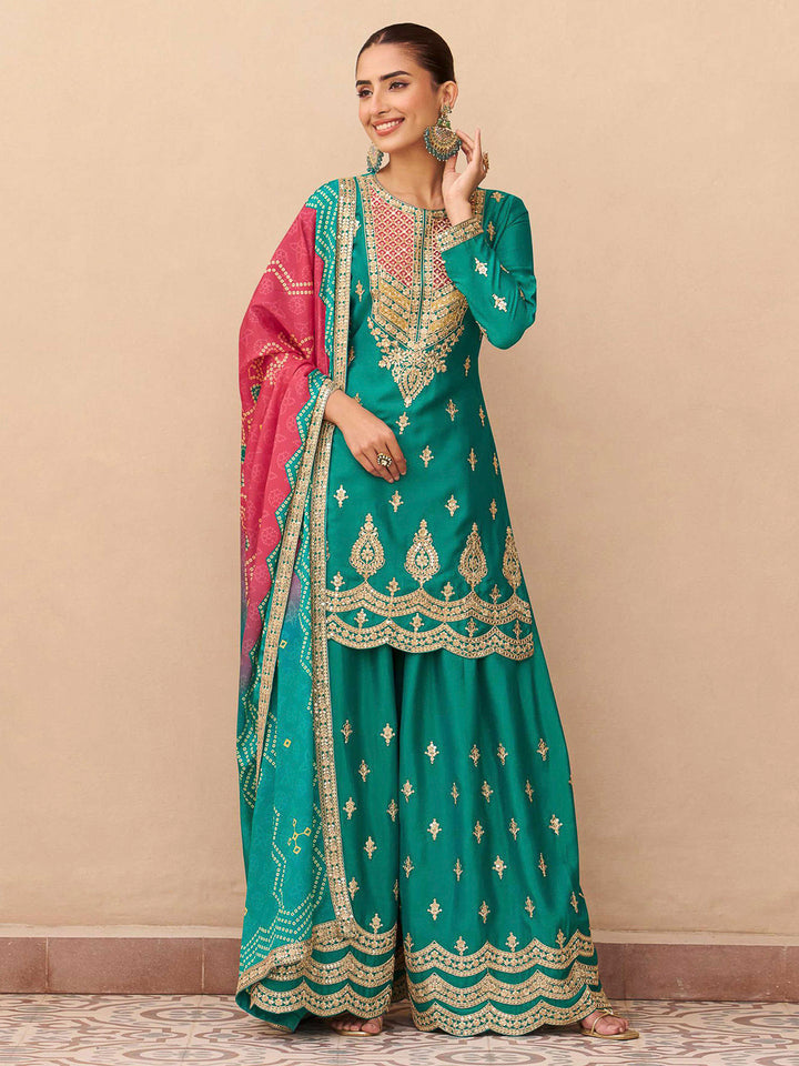 Teal Green Chinon Embroidered Kurta With Palazzo &amp; Dupatta