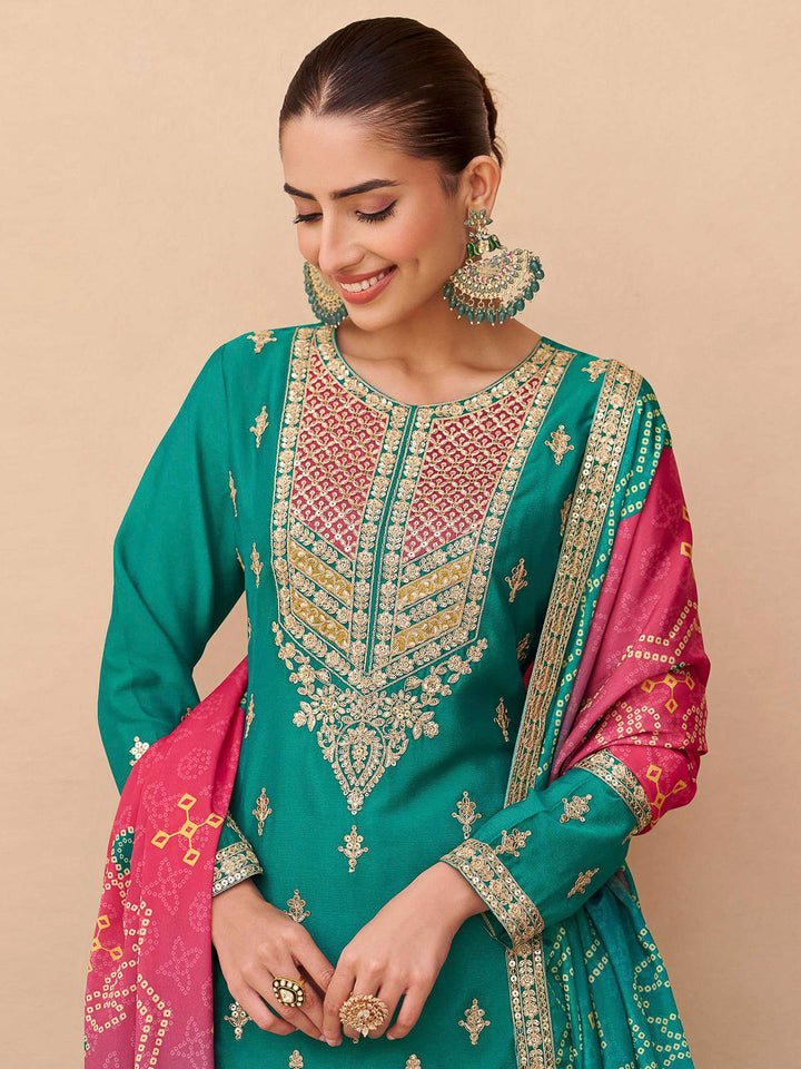 Teal Green Chinon Embroidered Kurta With Palazzo &amp; Dupatta
