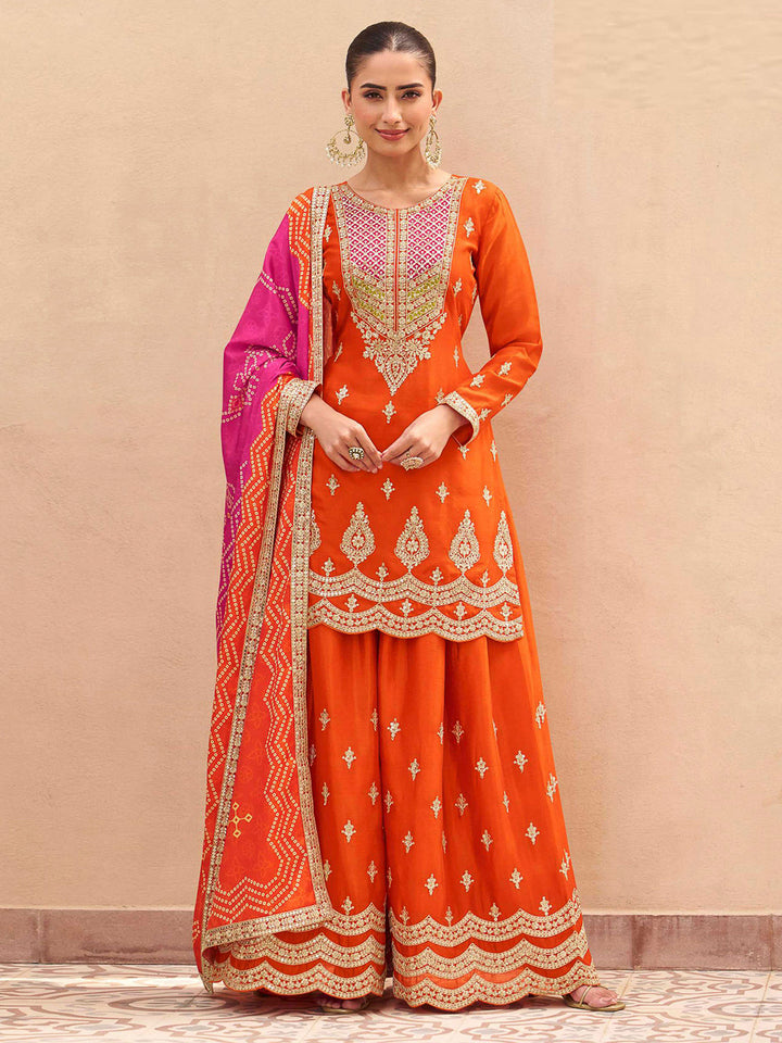 Orange Chinon Embroidered Kurta With Palazzo &amp; Dupatta