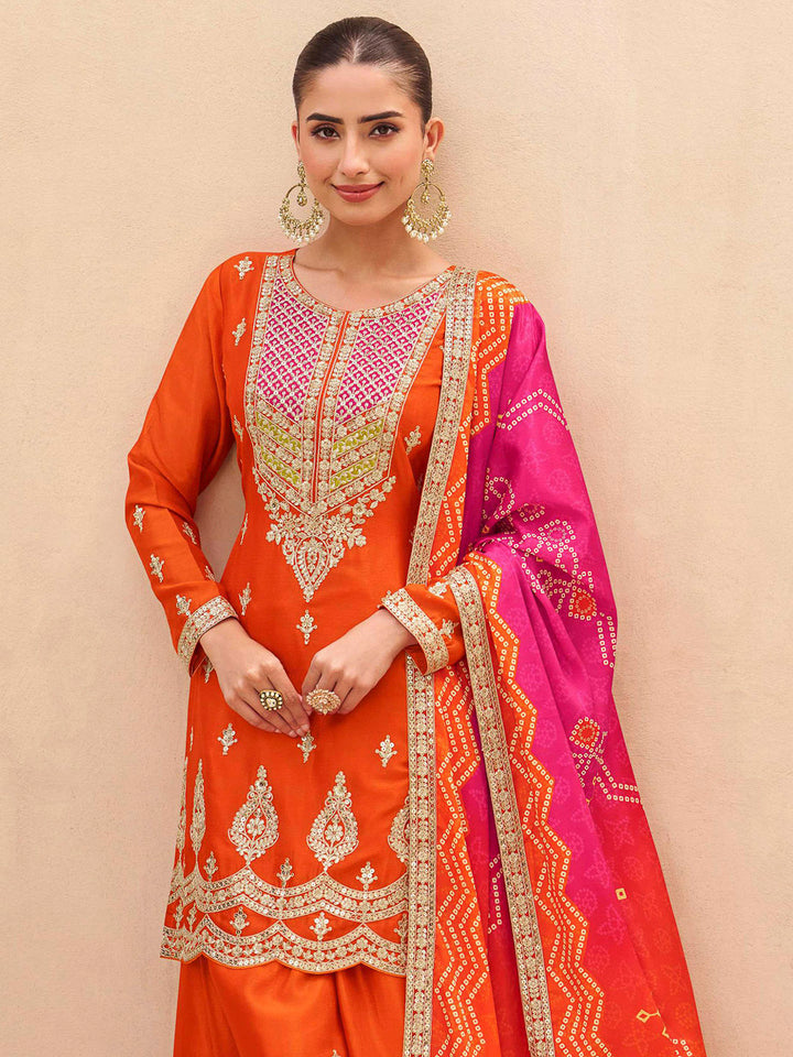 Orange Chinon Embroidered Kurta With Palazzo &amp; Dupatta
