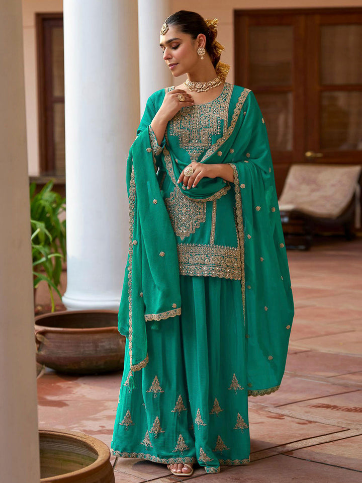 Emerald-Green Chinon Embroidered Kurta With Palazzo &amp; Dupatta