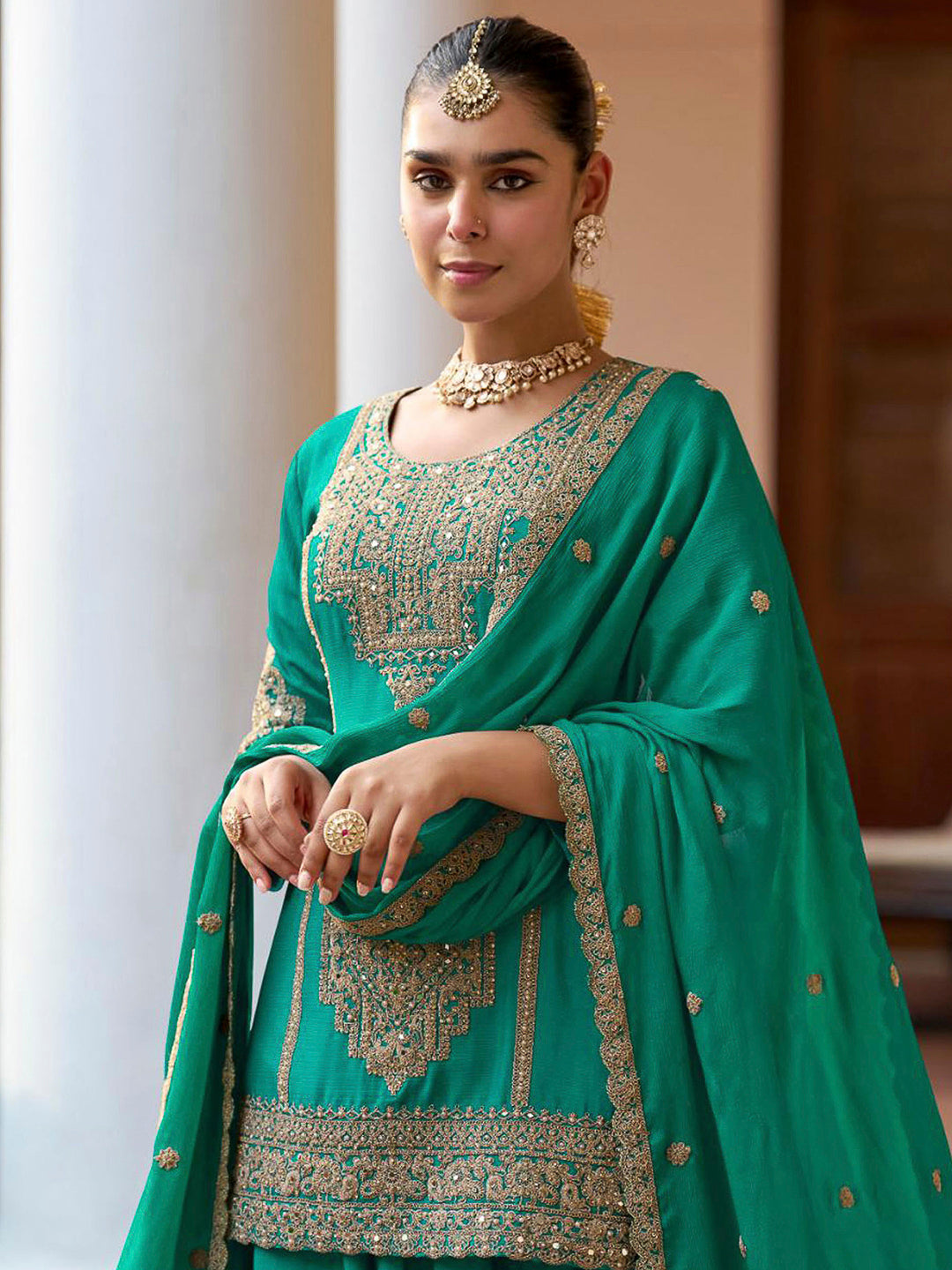 Emerald-Green Chinon Embroidered Kurta With Palazzo &amp; Dupatta
