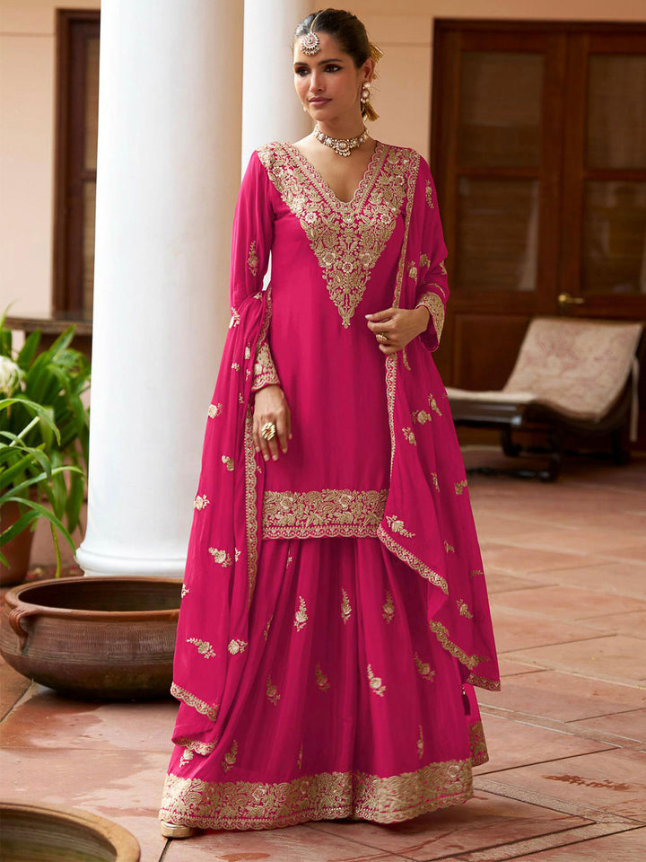 Pink Chinon Embroidered Kurta With Palazzo &amp; Dupatta