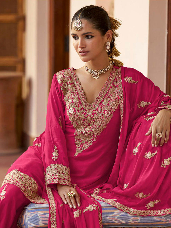 Pink Chinon Embroidered Kurta With Palazzo &amp; Dupatta