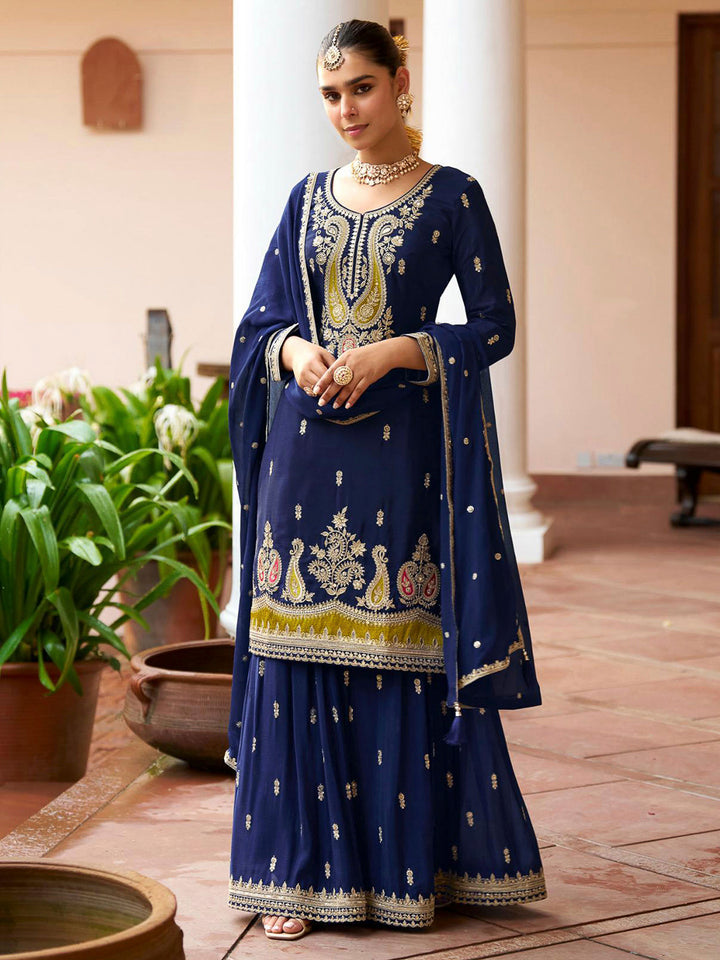Navy Blue Chinon Embroidered Kurta With Palazzo &amp; Dupatta