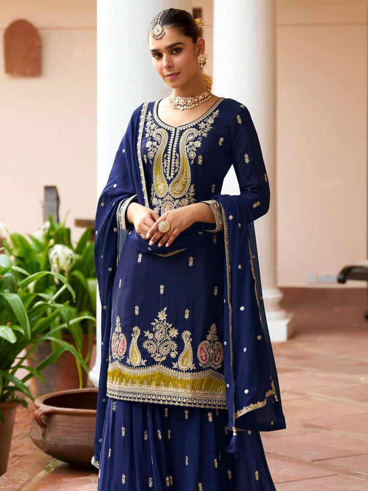 Navy Blue Chinon Embroidered Kurta With Palazzo &amp; Dupatta