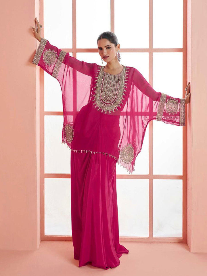 Pink Chinon Embroidered Poncho With Palazzo &amp; Dupatta