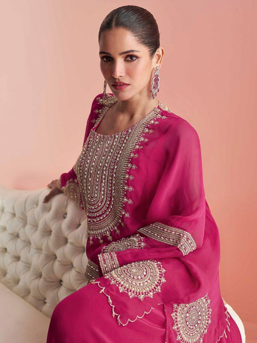 Pink Chinon Embroidered Poncho With Palazzo &amp; Dupatta