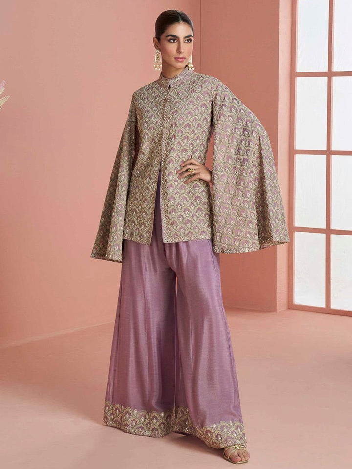 Purple Chinon Embroidered Cape Slevees Kurti With Palazzo &amp; Dupatta