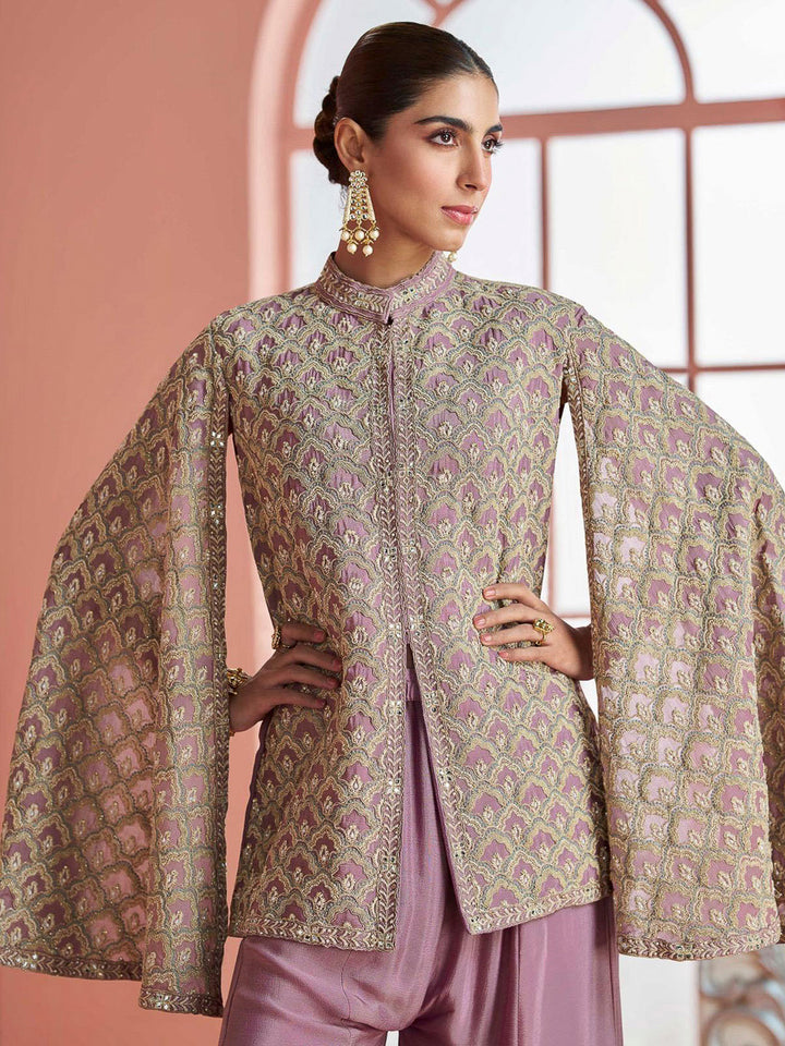 Purple Chinon Embroidered Cape Slevees Kurti With Palazzo &amp; Dupatta