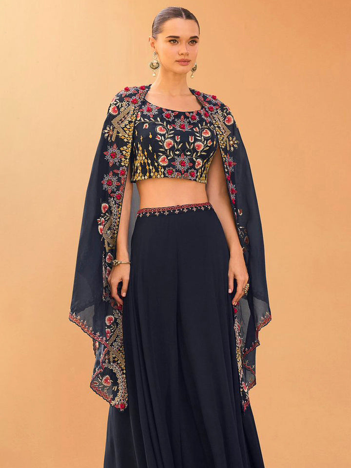 Navy Blue Chinon Embroidered Crop Top With Palazzo &amp; Jacket